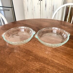 Pyrex, Clear Glass, Scalloped Edge, Pie Plates, Handles, Green Tint, Set of 2